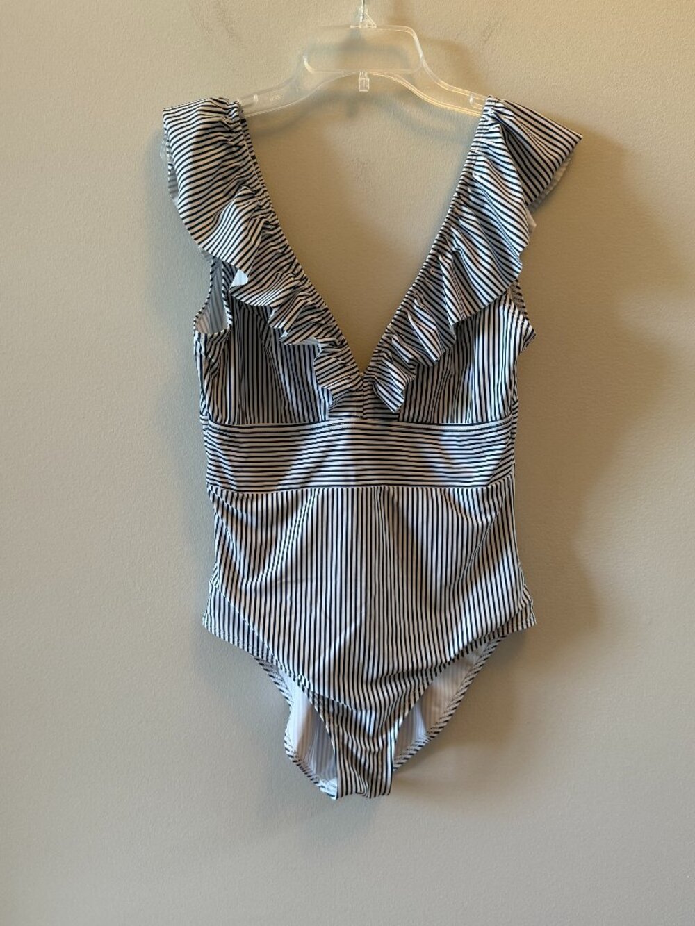 Blue & White Striped Ruffle One-Piece Swimsuit Size Large Coastal Beach Swimwear